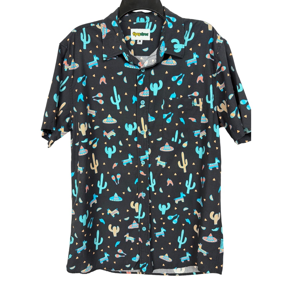 Tipsy Elves Pinata Cactus Shirt Men's Large Black Fiesta Cinco de Mayo Button Up